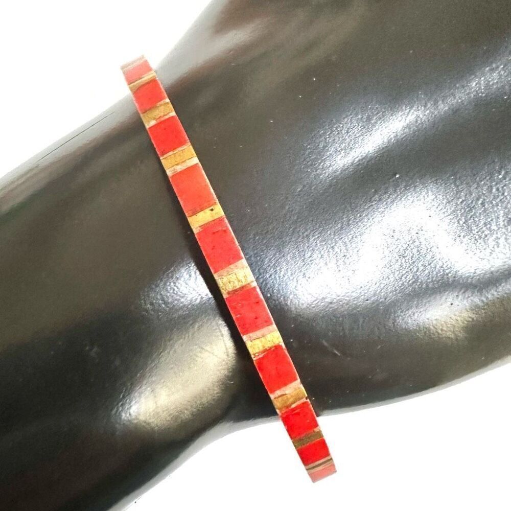Vintage Brass Checkered Red Enamel Bangle Bracelet